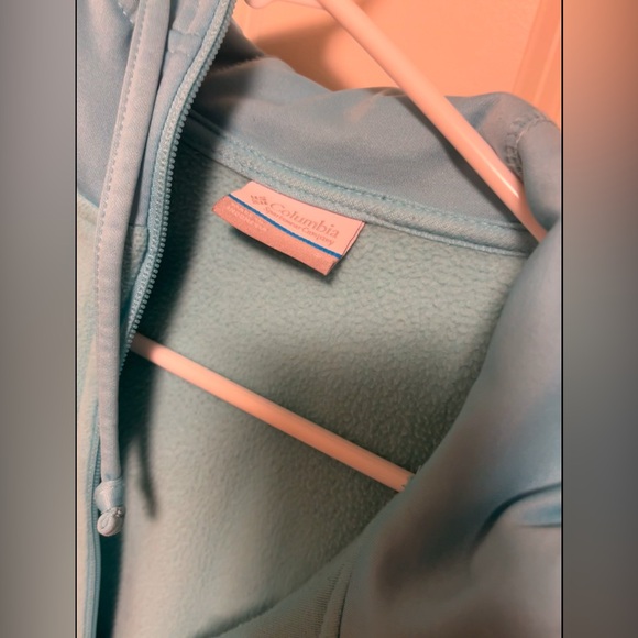 Light teal blue Columbia Fleece Zip Jacket with hood. Sz Small - Picture 2 of 3